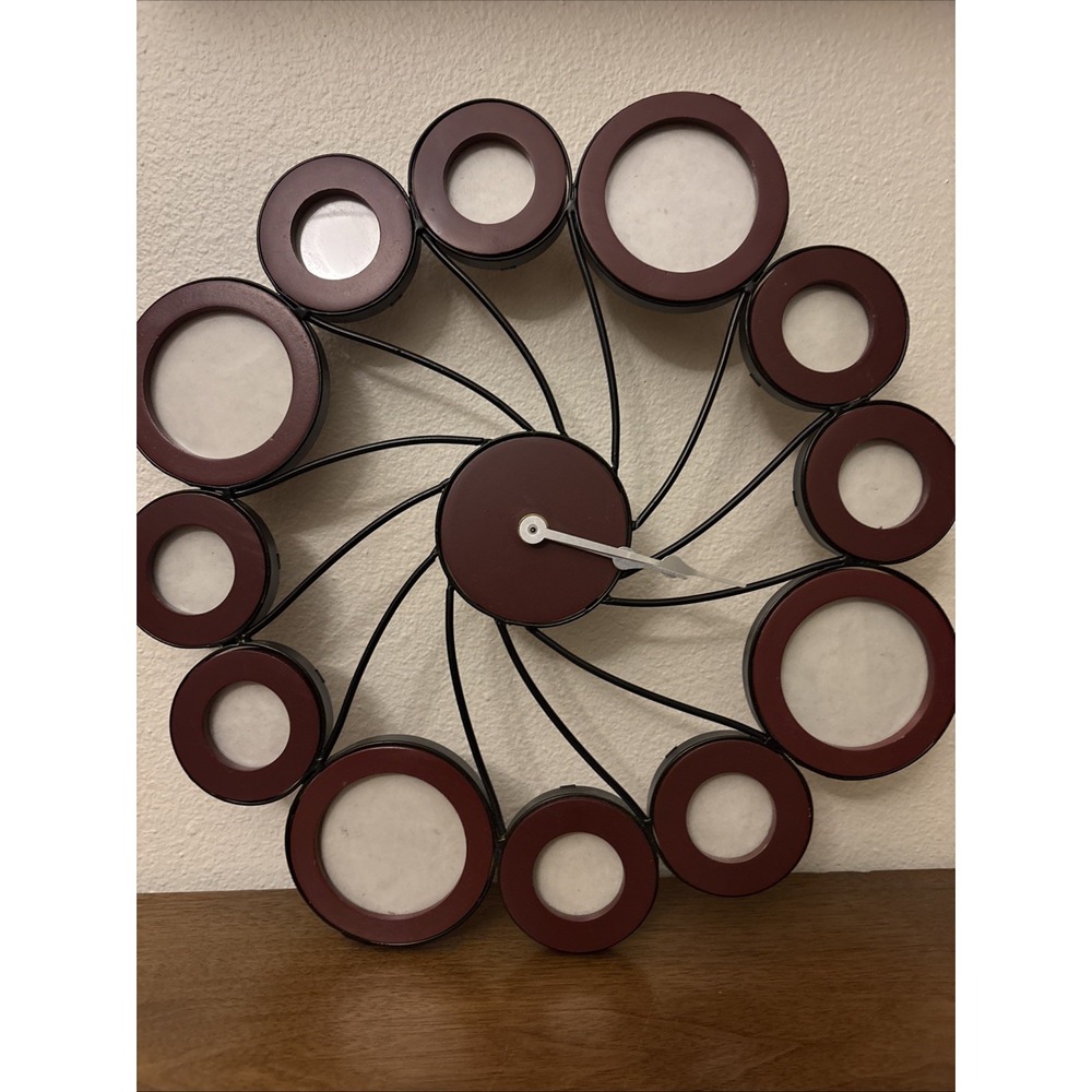 Mid Century Modern Sunburst Wall Picture Clock Wood Quartz 15" Diameter EUC